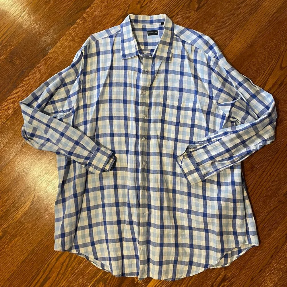 Rochester Big & Tall Blue/White Check Linen Shirt - Size 3XLT - Picture 1 of 4